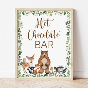 Hot Chocolate Bar Sign Woodland Animals Greenery Woodland Baby Shower Forest Party Drinks Station Sign Printable NOT Editable 0120