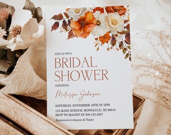 Editable Fall Bridal Shower Invitation Template Floral Bridal Shower Invite Terracotta Bridal Shower Invite Printable Corjl 0131