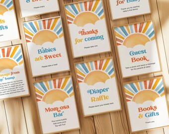 Editable Here Comes The Son Baby Shower Signs, Boy Sunshine Baby Shower Decor, 10 Table Sign Printable Template Corjl 0160