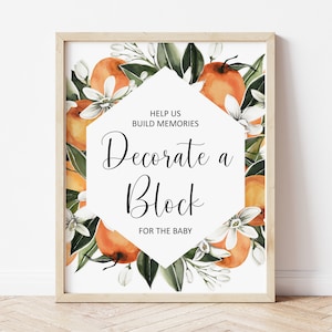 Decore um sinal de bloco laranja cítrico chá de bebê pouco cutie chá de bebê atividade decoração sinal de mesa imprimível não editável 0125