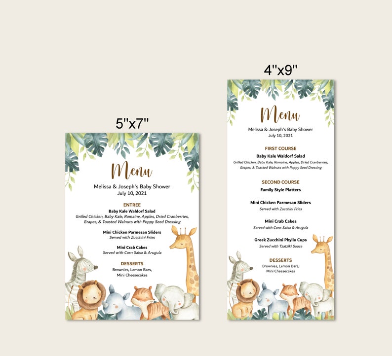Jungle Safari Menu Printable Baby Shower Birthday Animals Wild Etsy