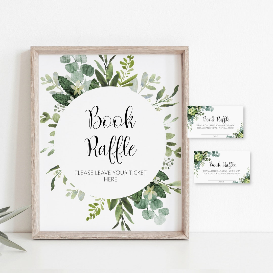 Book Raffle Table Sign Book Raffle Card & Sign Greenery Succulent Baby Shower Game Printable ...
