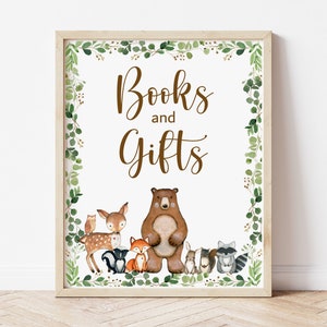 Books and Gifts Sign Woodland Animals Greenery Woodland Baby Shower Forest Animals Birthday Party Decor Printable NOT Editable 0120