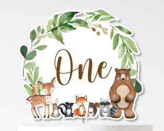 DRUCKBAR Woodland Cake Topper Woodland Erster Geburtstag Kuchen Topper Woodland One Topper Herzstück Waldtiere NICHT bearbeitbar 0120