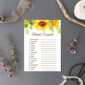 May include: A printable bridal shower game with a sunflower illustration. The game is called "Bridal Scramble" and includes a list of 15 words to unscramble.