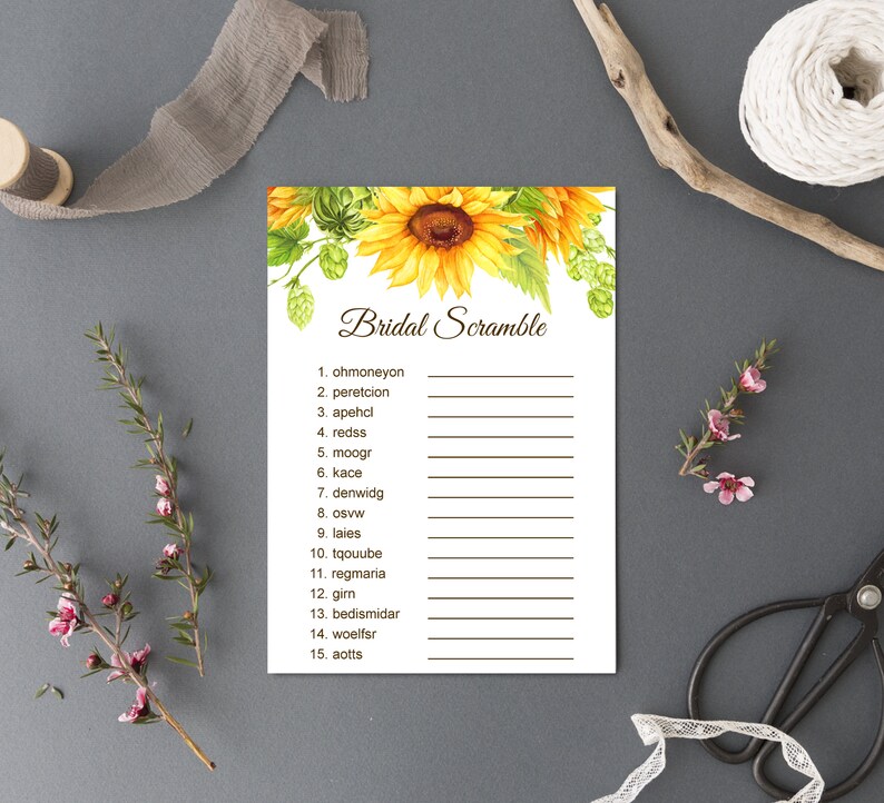 May include: A printable bridal shower game with a sunflower illustration. The game is called "Bridal Scramble" and includes a list of 15 words to unscramble.