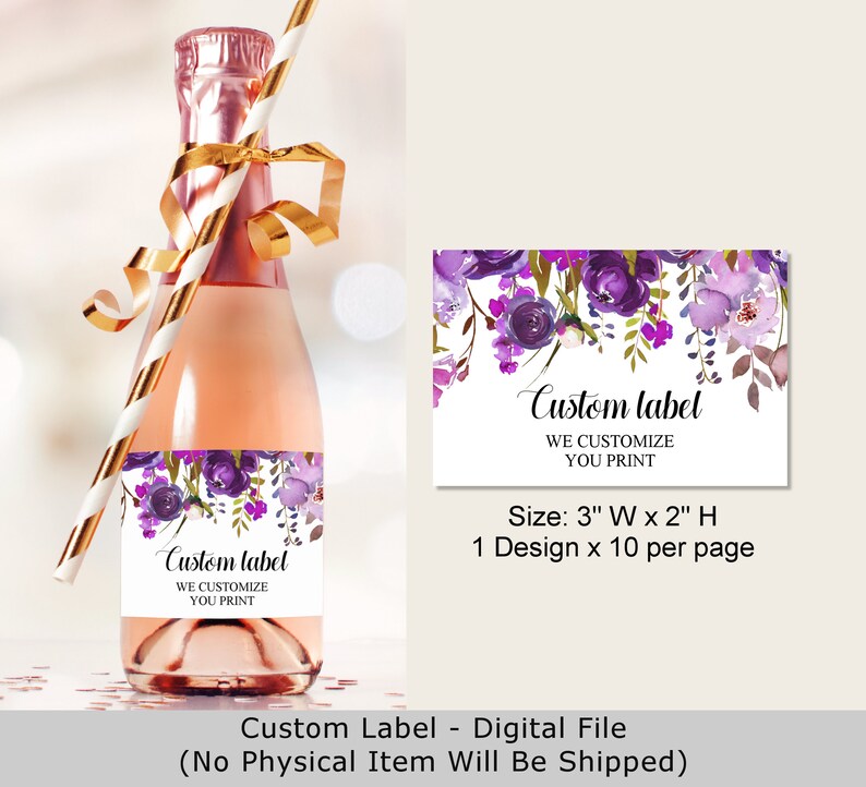 Mini Champagne Bottle Label Purple Custom Wine Label Bridal Shower Baby Shower Birthday Favor Sticker Digital File A73 A78 B71 C68
