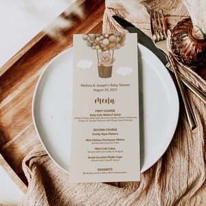 Carte de menu personnalisée avec ours en peluche, nous ne pouvons pas attendre ours baby shower montgolfière ours en peluche fête d'anniversaire menu signe A14 C14