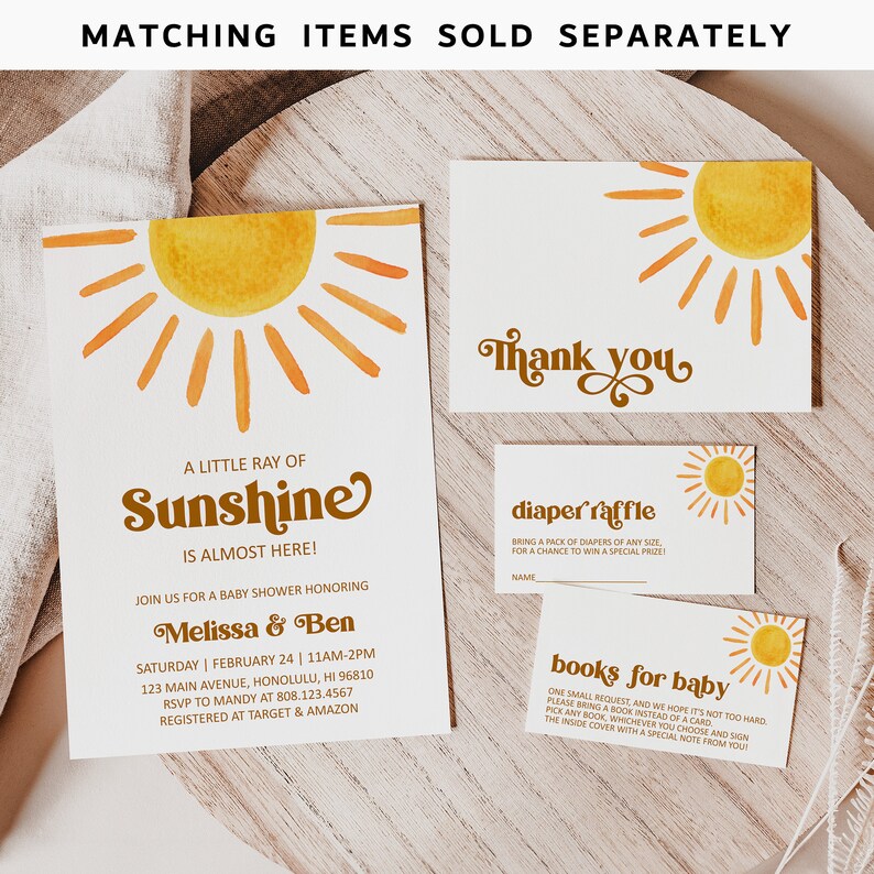 May include: A baby shower invitation with a yellow sun graphic and the text "A Little Ray of Sunshine is Almost Here!"  Join us for a baby shower honoring Melissa & Ben. Saturday, February 24, 11am-2pm. 123 Main Avenue, Honolulu, HI 96810. RSVP to Mandy at 808.123.4567. Registered at Target & Amazon.