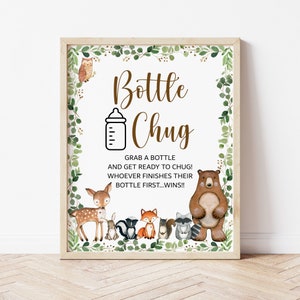 Bottle Chug Game Sign Greenery Woodland Baby Shower Sign Woodland Animals Forest Baby Shower Game Sign Printable NOT Editable 0120