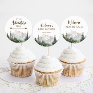 Editable Let The Adventure Begin Forest Baby Shower Cupcake Toppers Mountain Baby Shower Decor Printable Template Corjl 0124