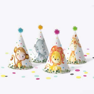 PRINTABLE Party Hats Safari Birthday Jungle Birthday Animals Birthday Party Wild One Birthday Decorations  0128