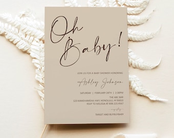 Editable Oh Baby Shower Invitation Gender Neutral Baby Shower Invitation Minimalist Brown Baby Shower Invite Template Corjl 0122