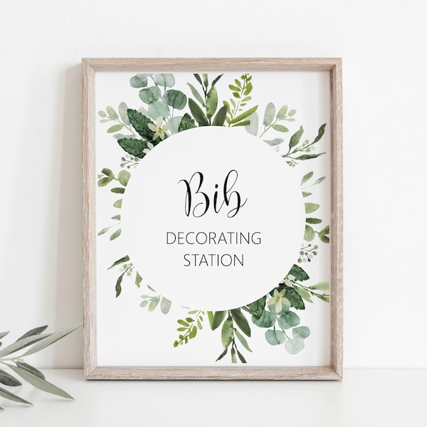 Greenery Babyparty Bib Dekorieren Station Schild Dekorieren Ein Lätzchen Zeichen Sukkulenten Grün Eukalyptus NICHT Bearbeitbar C91