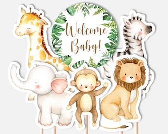 STAMPABILE Centrotavola animali della giungla Jungle Baby Shower Benvenuto Baby Safari Pannolini Torta Decorazioni Cake Topper NON modificabile C94