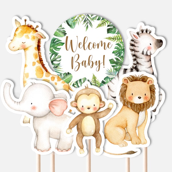 PRINTABLE Jungle Animals Centerpieces Jungle Baby Shower Welcome Baby Safari Diaper Cake Decorations Cake Topper NOT Editable C94