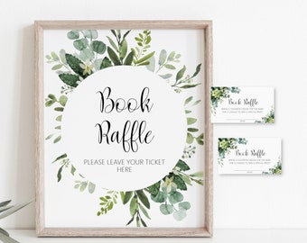 Book Raffle Tickets & Sign Succulent Greenery Baby Shower Game Printable Green Leaves Eucalyptus NOT Editable C91