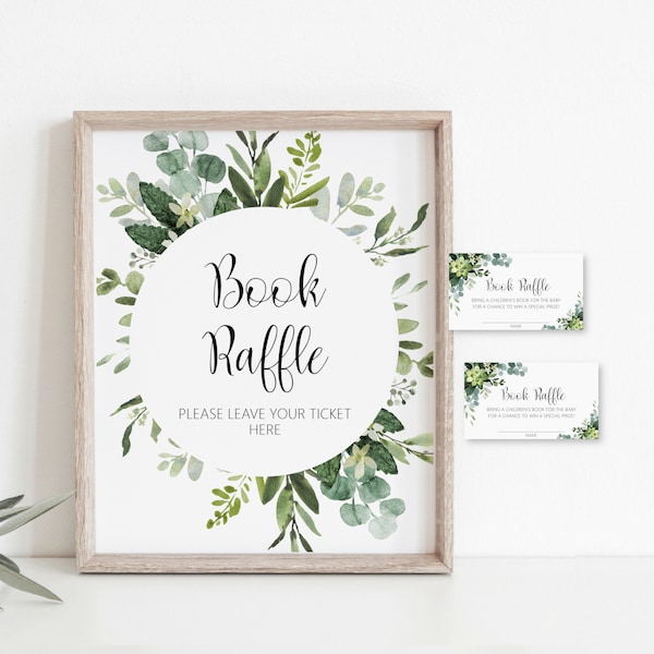 Book Raffle Tickets & Sign Succulent Greenery Baby Shower Game Printable Green Leaves Eucalyptus NOT Editable C91