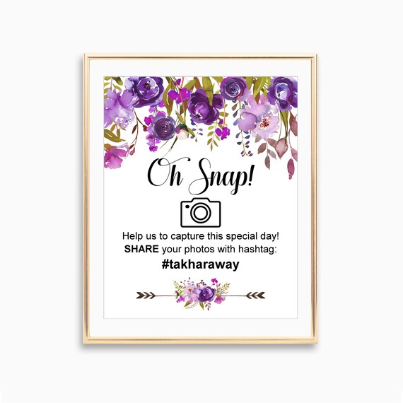 Custom Hashtag Sign Oh Snap Photo Sign Purple Bridal Shower Baby Shower 