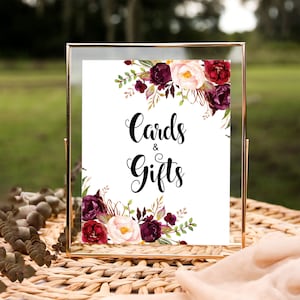 Enseigne de table cadeaux bordeaux imprimable Enseigne pour cartes et cadeaux imprimables Boho marsala bordeaux rose blush floral 8 x 10 non modifiable A38 A68 B61 C48