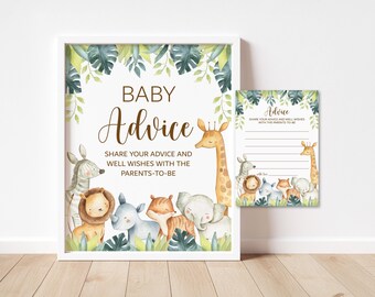 Safari Jungle Animals Baby Shower Advice for Parents Cards and Sign Printable 0129