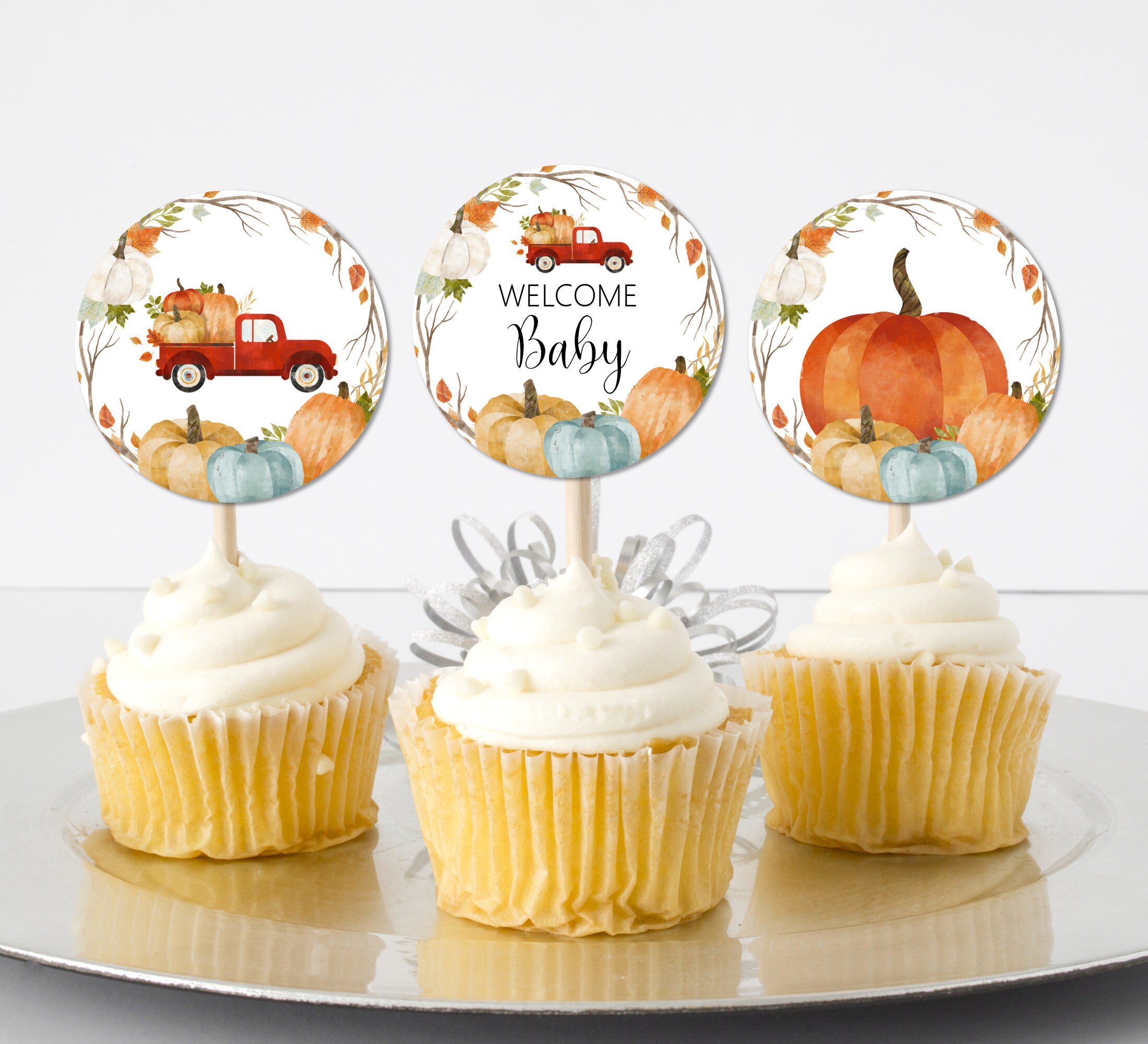 Pumpkin Cupcake Toppers Fall Baby Shower Decorations Pumpkin Etsy