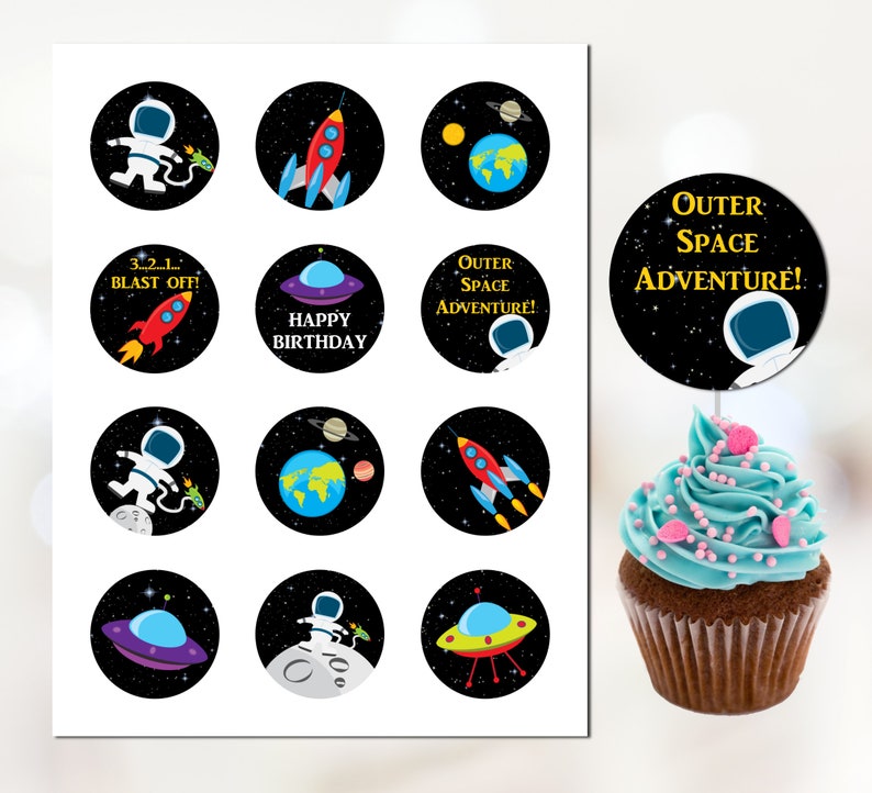 Space Cupcake Toppers Outer Space Birthday Space Birthday Etsy
