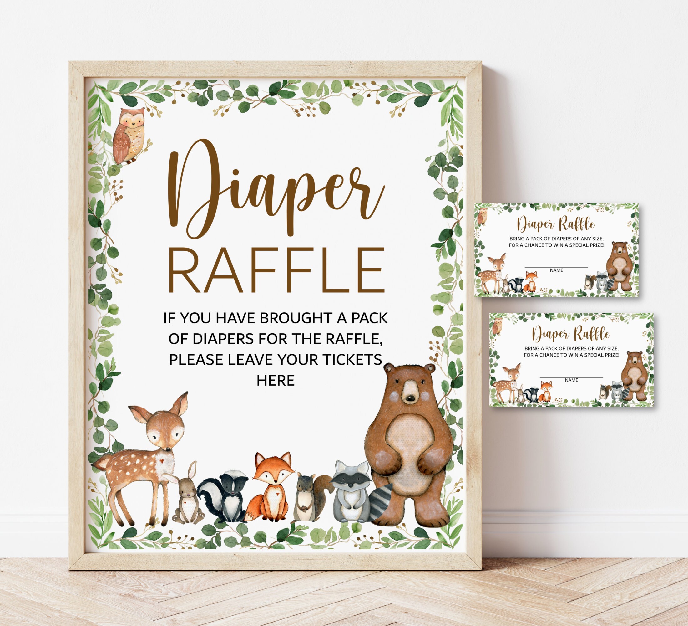 Diaper Raffle Tickets and Sign Woodland Baby Shower Game Etsy