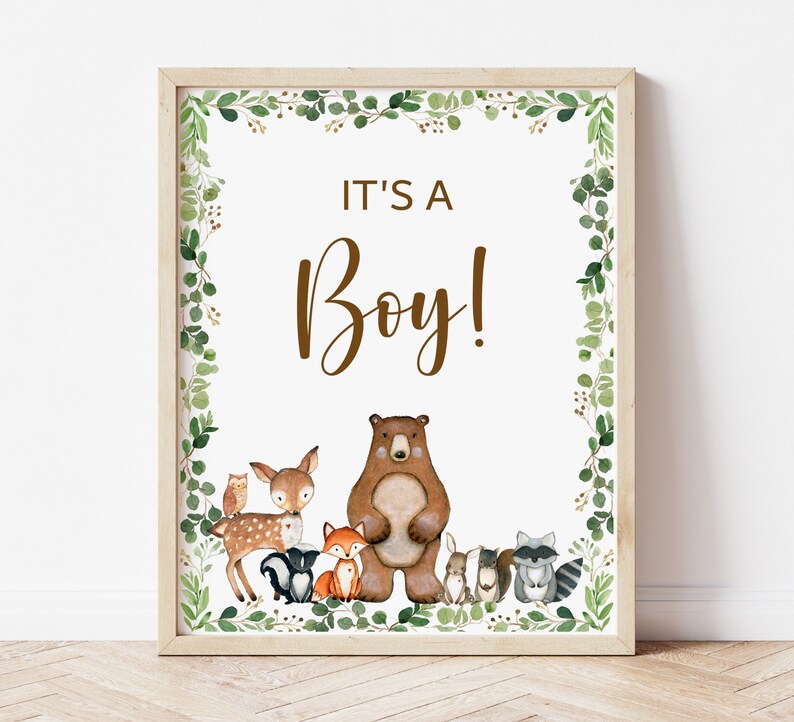 Its a Boy Sign Woodland Gender Reveal Party Baby Shower Sign Greenery Woodland Animals Gender Reveal Sign Printable NOT Editable 0120 image 1