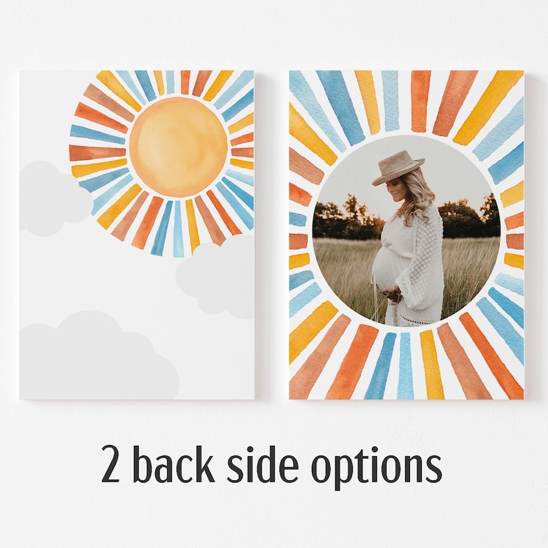 May include: Two white rectangular canvases with watercolor sun and cloud designs. One canvas features a sun graphic, the other a photo of a pregnant person framed by a sunburst design. Text at the bottom reads "2 back side options."
