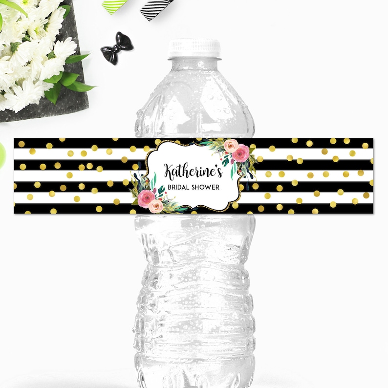 Black and White Water Bottle Labels Pink Floral Bridal Shower Etsy