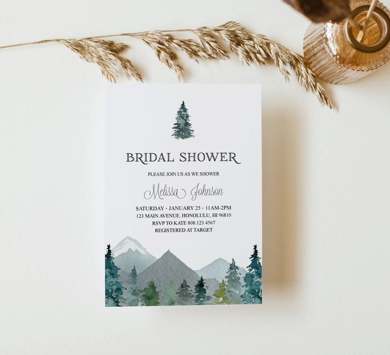 Mountains Bridal Shower Invitation Outdoor Theme Forest Trees Adventure Mountain Bridal Shower Wedding Shower Personalized Invitation B96 image 2
