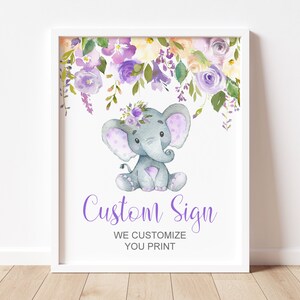 Letrero de elefante personalizado imprimible, diseño de elefante morado, para baby shower, decoración de cumpleaños, archivo digital personalizado A79 C67