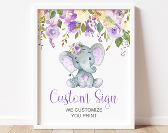 Custom Elephant Sign Printable, Purple Elephant Baby Shower Birthday Decor, A79 C67