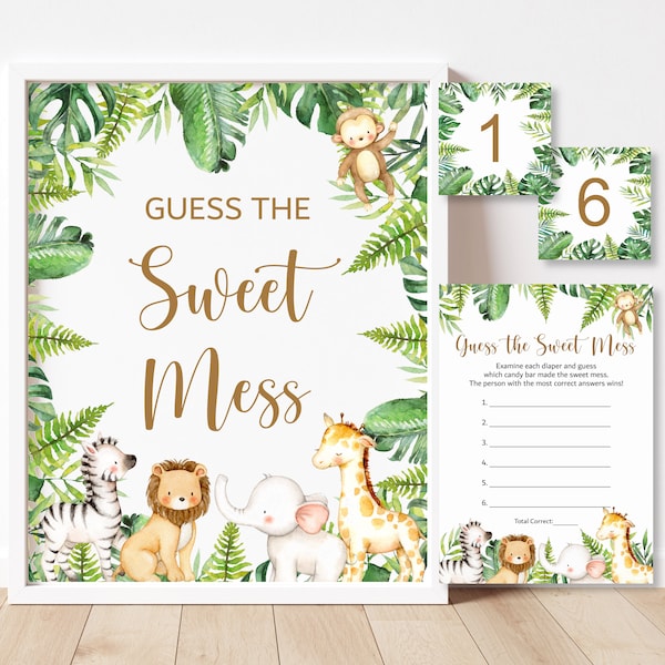 Adivina el juego Sweet Mess Jungle Baby Shower Juego Safari Animales Baby Shower Juego de pañales sucios Candy Bar Juego Imprimible NO Editable C94