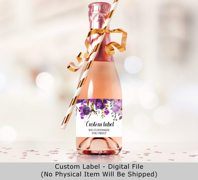 Mini Champagne Bottle Label Purple Custom Wine Label Bridal Shower Baby Shower Birthday Favor Sticker Digital File A73 A78 B71 C68