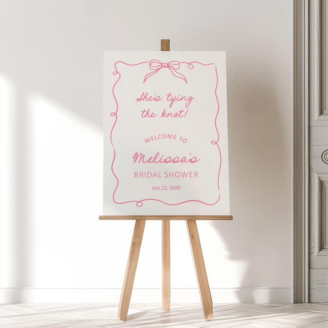 Editable She's Tying the Knot Welcome Sign Minimalist Pink Bow Bridal ...