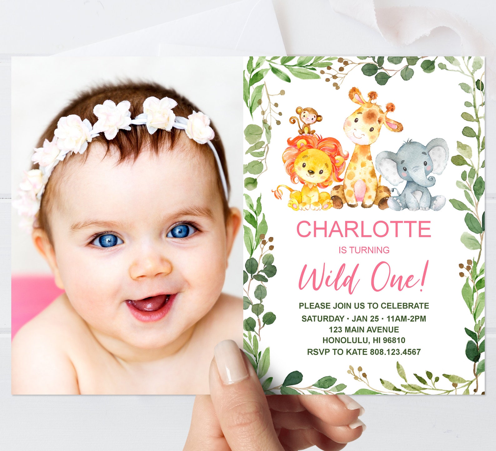 Girl Wild One Birthday Invitation Jungle Birthday Invitation Etsy
