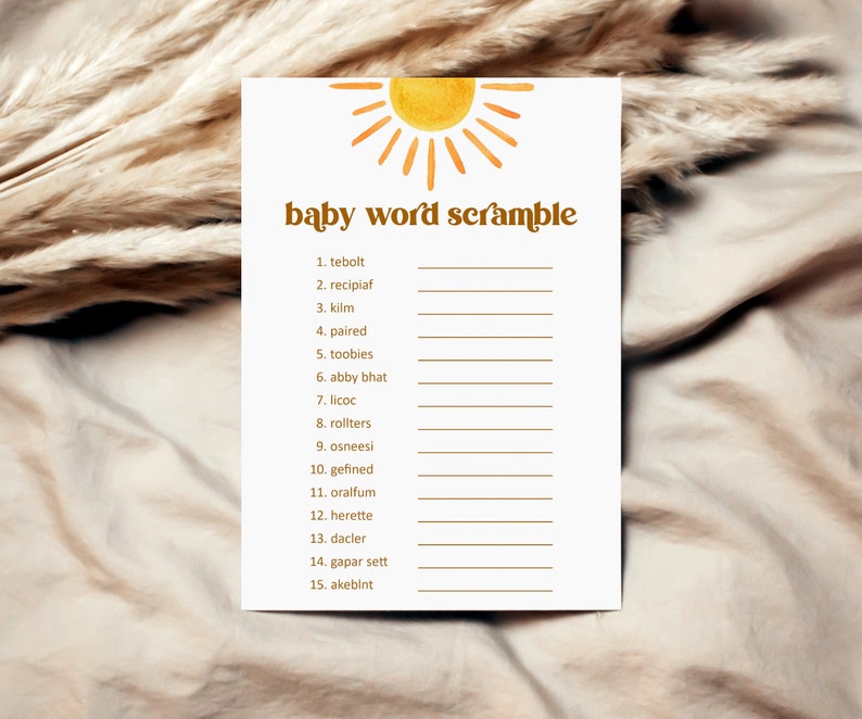 Sun Baby Shower Baby Word Scramble Game Here Comes The Son Retro Boho You are My Sunshine Baby Shower Game Printable NOT Editable 0118 画像 1