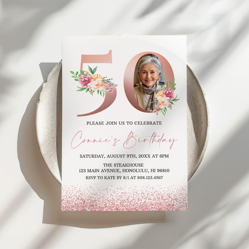 Editable 50th Birthday Invitation for Women Pink Glitter Invite With Editable 50th Birthday Invitation for Women Pink Glitter Invite With