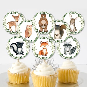 Woodland Cupcake Toppers Greenery Woodland Baby Shower Decor Woodland Birthday Decorations Forest Animals Printable NOT Editable 0120