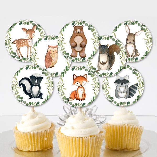 Woodland Cupcake Toppers Greenery Woodland Baby Shower Decor Woodland Birthday Decorations Forest Animals Printable NOT Editable 0120