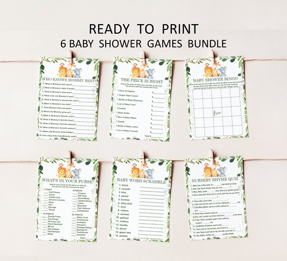 Safari Animals Baby Shower Games, Printable Games, Baby Games Pack