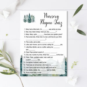 May include: A printable nursery rhyme quiz game with a woodland theme. The quiz features 15 questions with blanks for players to fill in the missing words from popular nursery rhymes. The background features a watercolor-style illustration of trees and mountains in shades of green and blue.