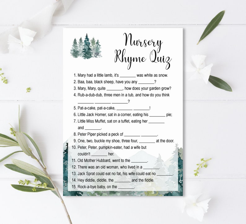May include: A printable nursery rhyme quiz game with a woodland theme. The quiz features 15 questions with blanks for players to fill in the missing words from popular nursery rhymes. The background features a watercolor-style illustration of trees and mountains in shades of green and blue.