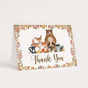 Carte de remerciement animaux des bois automne baby shower des bois baby shower forêt cartes de correspondance pliées imprimables, pas modifiables 0130