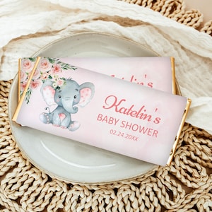 Editable Pink Elephant Candy Bar Wrapper Chocolate Label Girl Elephant Peanut Baby Shower Favor Printable Template Corjl 0121