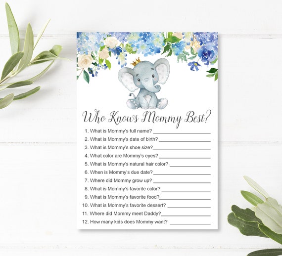 Instant Download eb11 Baby Shower Elephant Blue Printable Who Knows Mommy Best and Baby Shower Memory Game with Elephant Blue and Gray