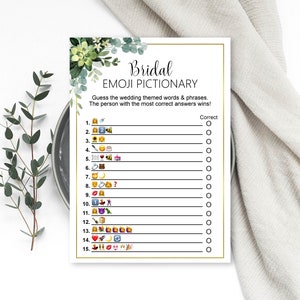 Greenery Bridal Shower Game Pictionary Emoji Pictionary Bridal Shower Game Bachelorette Party Game Succulent Eucalyptus NOT Editable B84