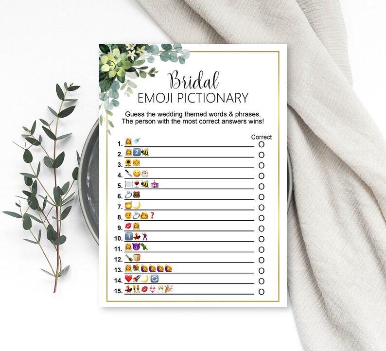 Succulent Greenery Bridal Emoji Pictionary Bridal Shower Game Bachelorette Party Game Printable B84 image 1